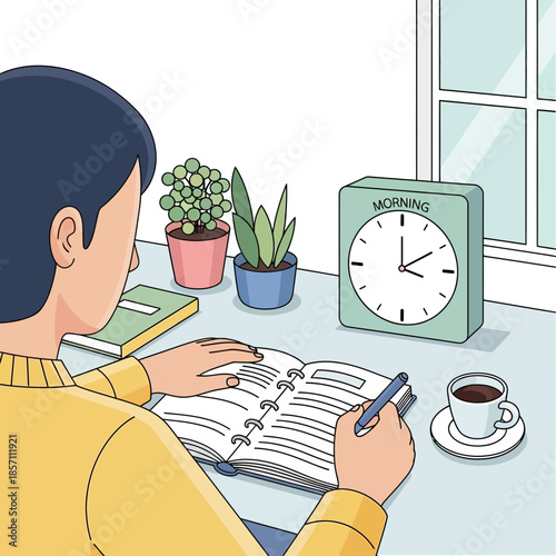 Student studying at desk with plants, coffee and clock showing morning