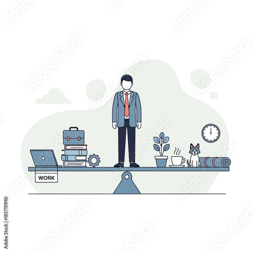Work Life Balance Concept: Businessman on Scales Comparing Career and Personal Life