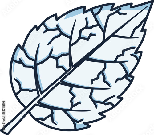 A stylized vector illustration of a single leaf appearing frozen or crystalline, featuring light blue icy tones, dark blue outlines, and a cracked surface texture.
