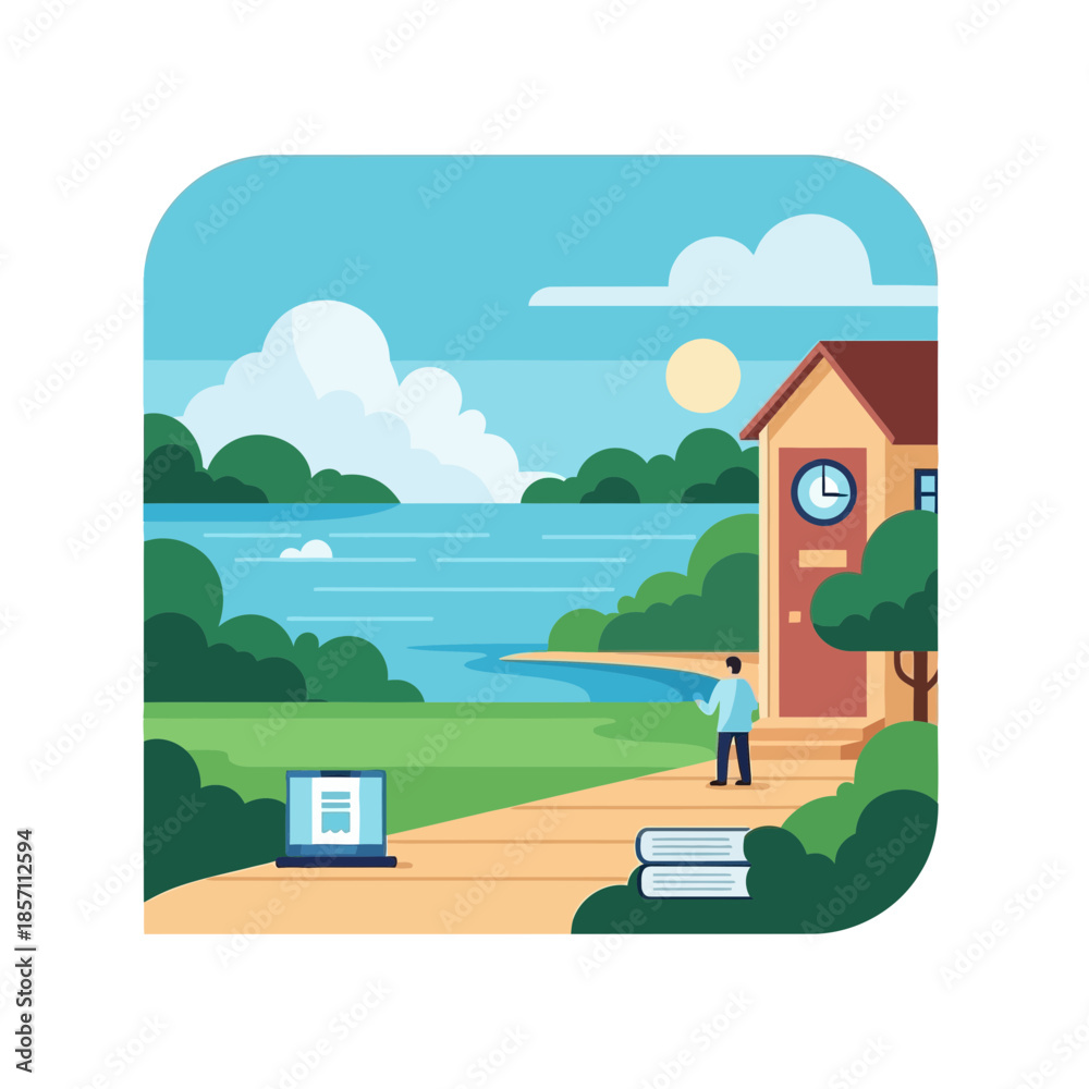 Fototapeta premium Peaceful Lakeside Home with Laptop and Books, Remote Work Scene