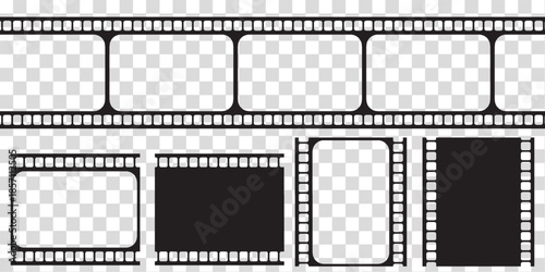 Old retro movie film strip set with grunge texture isolated on white background. Film strip templates. Cinema and filmmaking concept.