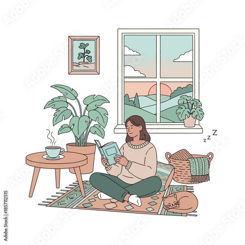 Cozy Reading Nook: Woman Reads Book, Cat Sleeps, Plants, Window View