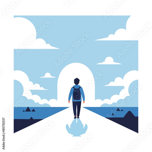 Lone traveler walks on path towards bright horizon, symbolizing future journey.