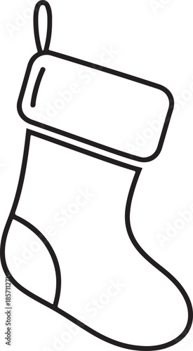 A minimalist black and white line art vector of a classic Christmas stocking, featuring a large cuff, reinforced heel and toe details, and a small hanging loop at the top.