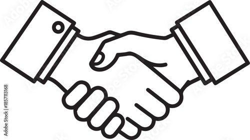 A minimalist black and white vector outline depicting a firm handshake between two individuals in business attire, symbolizing partnership, agreement, and professional cooperation.
