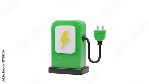 Electric car charging station with plug and lightning bolt symbol on transparent background