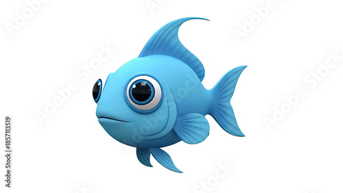 3D Cute blue cartoon fish with big eyes on transparent background