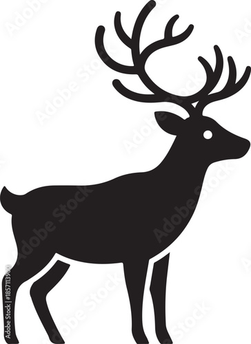 A solid black vector silhouette of a reindeer standing in profile, featuring a majestic set of branched antlers and a simple white eye detail.