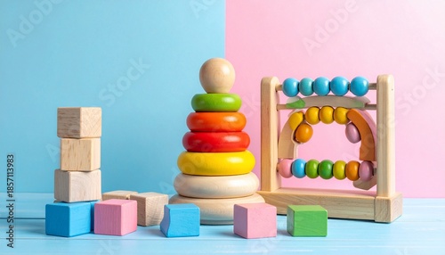 Colorful wooden toys arranged on a pastel blue and pink backdrop, promoting learning