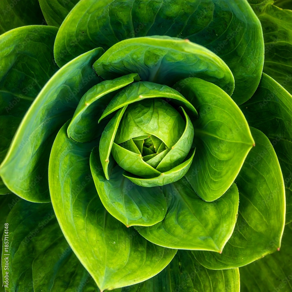 Fototapeta premium A vibrant green plant is arranged concentrically, presenting a symmetric, organic design pattern