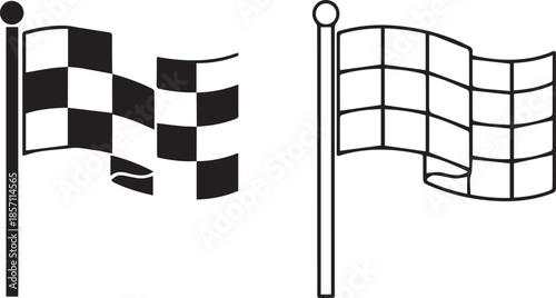 A vector set featuring two checkered racing flags on poles, shown in a solid black-and-white filled version and a clean linear outline style.