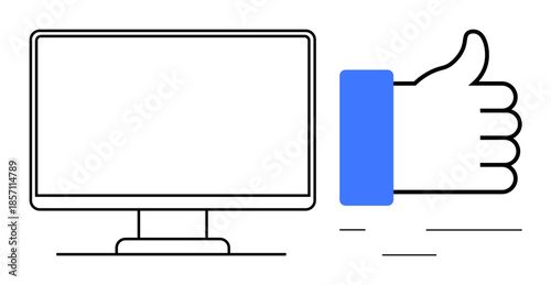 Digital approval concept. Digital approval highlighted by a thumbs-up gesture next to a computer screen. Digital approval include online connectivity, user feedback, and social engagement. Useful