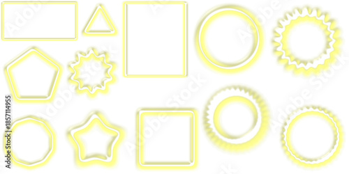 Assortment of various light yellow outlined geometric and decorative cookie cutter shapes on a white background.