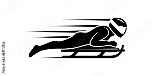 Clean minimalist black silhouette of luge athlete in racing position with speed lines. Perfect vector icon for winter sports, Olympics, recreation logos and athletic designs.