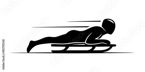 Black silhouette vector of luge athlete in racing position with motion lines. Modern minimalist design perfect for sports logos, winter Olympics graphics, and athletic branding.