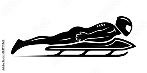 Clean black silhouette of skeleton athlete in racing position on sled. Modern minimalist vector design perfect for sports logos, winter Olympics content, and athletic branding materials.