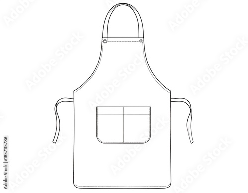 Line drawing of a kitchen apron featuring a neck loop, waist ties, and a dual-pocket design. It's rendered in simple black and white