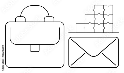 Business communication. Icons of a briefcase, envelope, and puzzle business communication and problem-solving. Business communication essential for effective collaboration, strategic planning, team