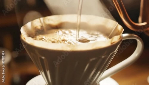 Water poured over ground coffee in a paper filter, perfect for coffee brewing tutorials, beverage blogs, cafe promotions, and foodie designs.