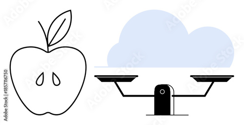 Health choices, decision-making, balance, nutrition, sustainability, lifestyle. An apple and a scale with a cloud. Health choices and decision-making concept