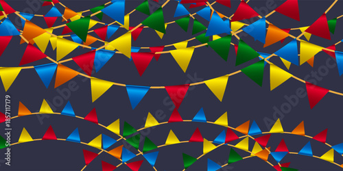 Seamless garland with triangle celebration flags chain, white, blue, red pennons on dark background, footer and banner