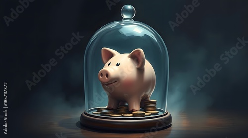 Dynamic digital sketch of a piggy bank inside a glass dome. Economic and business concept.