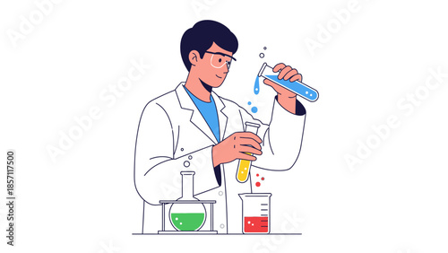 Scientist conducting experiment with colorful liquids in laboratory glassware