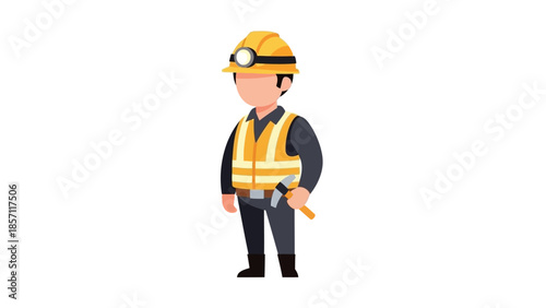 Professional miner in safety gear, hard hat with headlamp, holding a pickaxe