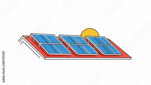 Solar panels on a rooftop with the sun in the background illustration