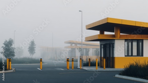 Foggy security checkpoint at an orange-and-black building with bollards along a road shrouded in morning mist