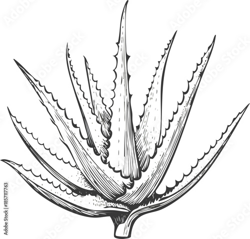Hand drawn vector engraving illustration of aloe vera leaf, medicinal herbal plant