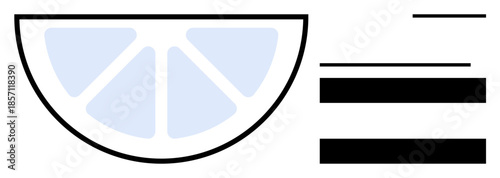 Half lemon slice with wedges in pastel blue beside bold horizontal black bars. Ideal for creativity, health, minimalism, design balance, wellness, branding, food freshness. Simple flat metaphor