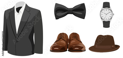 Classic Men's Formal Suit and Accessories Vector Illustration Set