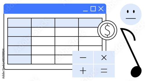 Financial planning, budgeting, data management, business analysis, accounting, digital tools. Spreadsheet grid with calculator, dollar sign and emotive face. Financial planning and budgeting concept