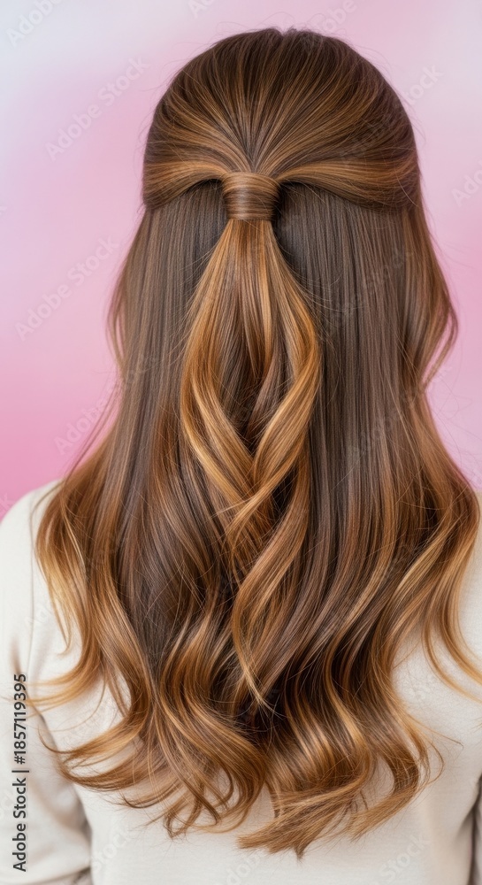 Naklejka premium Elegant brunette hairstyle featuring a half-up ponytail with soft curls against a pink backdrop