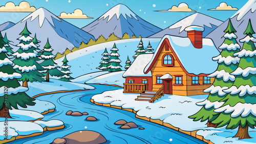 Serene winter cabin by a river