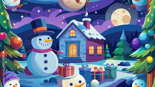 Winter wonderland with snowman and house