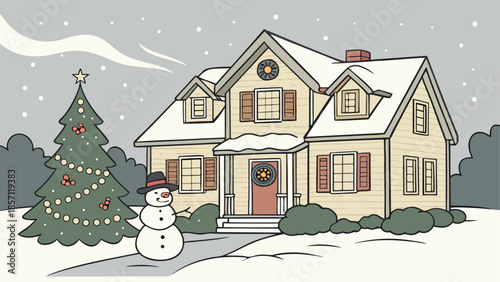 Cozy winter home with snowman and christmas tree