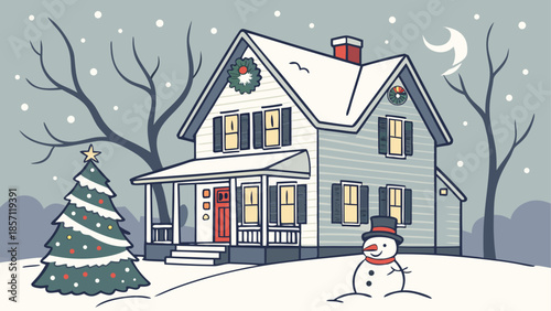 Cozy winter home with snowman and christmas tree