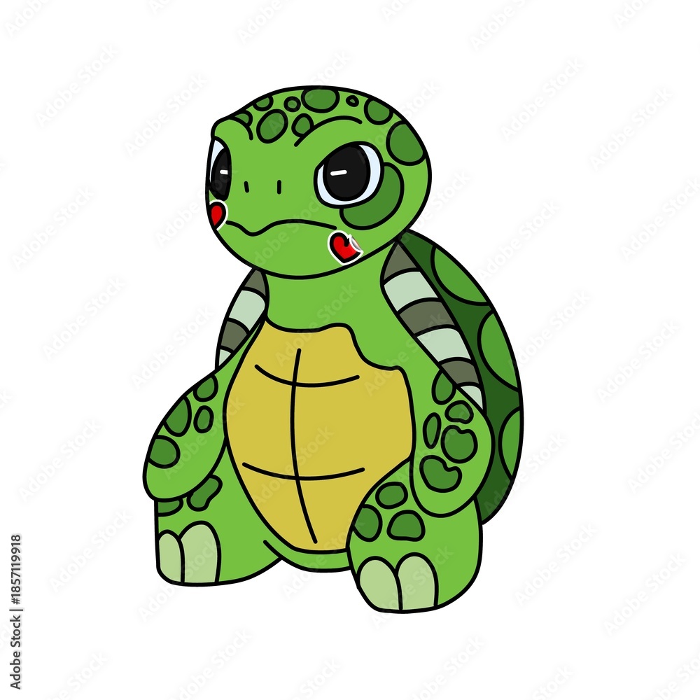 Obraz premium Grumpy green turtle cartoon character with two red heart-shaped stickers on its cheeks, sitting on a white background.