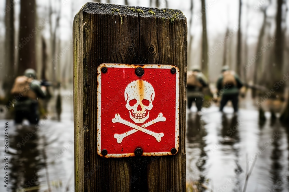 Fototapeta premium Gritty skull and crossbones warning on a mossy post, foregrounding a perilous mission as armed personnel trudge through the desolate, waterlogged woods