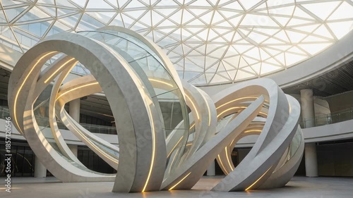 Modern Sculpture With Integrated Lighting In Sunlit Atrium With Glass Ceiling And Natural Sunlight Rays Shining Through