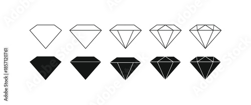 Set of diamond icons in line and silhouette styles. Minimalist vector illustration for jewelry, luxury, and premium branding design
