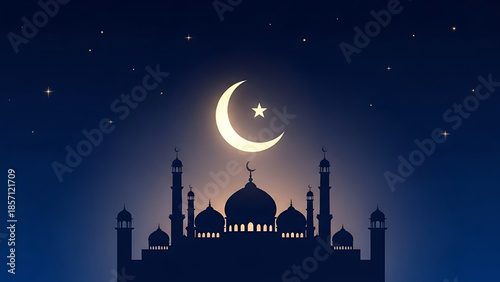 Iftar table with dates, fruits, and drinks, featuring crescent moon and star designs and a mosque silhouette, for Ramadan celebration