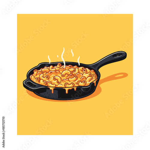 Steaming hot macaroni and cheese served in a classic black cast iron skillet on a vibrant yellow background.