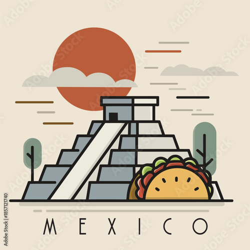 Stylized Mexico Travel Scene with Ancient Pyramid and Delicious Taco