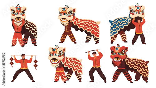 Vibrant collection of traditional Chinese lion dance performers in dynamic poses, celebrating cultural festivities and good fortune, perfect for holiday designs and events
