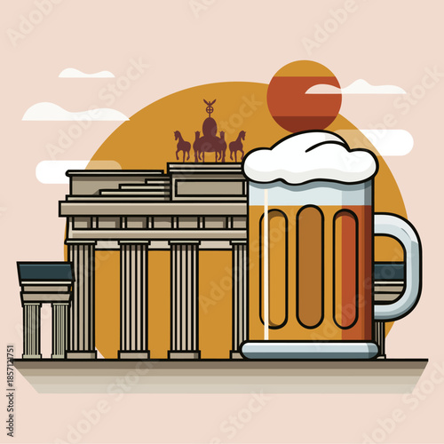 Iconic German Architecture and Beer Illustration with Quadriga