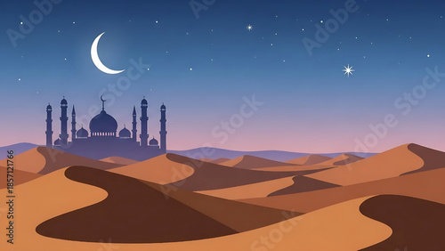 Beautiful night cityscape illustration featuring a majestic mosque, glowing lanterns, and crescent moon, evoking themes of cultural celebration and spiritual observance