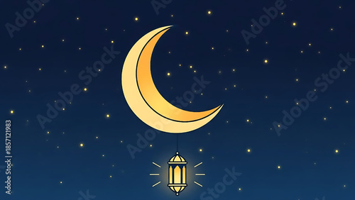 Golden Crescent Moon and Ramadan Lantern illuminating the night sky filled with stars